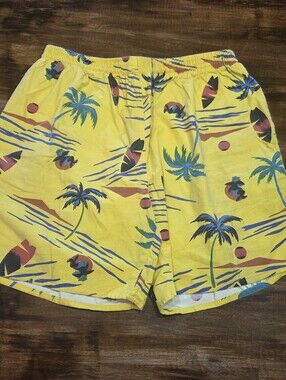 Vintage 80s Surf Shorts – Yellow Shark & Palm Tree Print – Size L